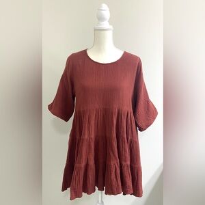 By Together Womens M Burgandy Cotton Ruffle Tunic Top Boho Grandmillenial